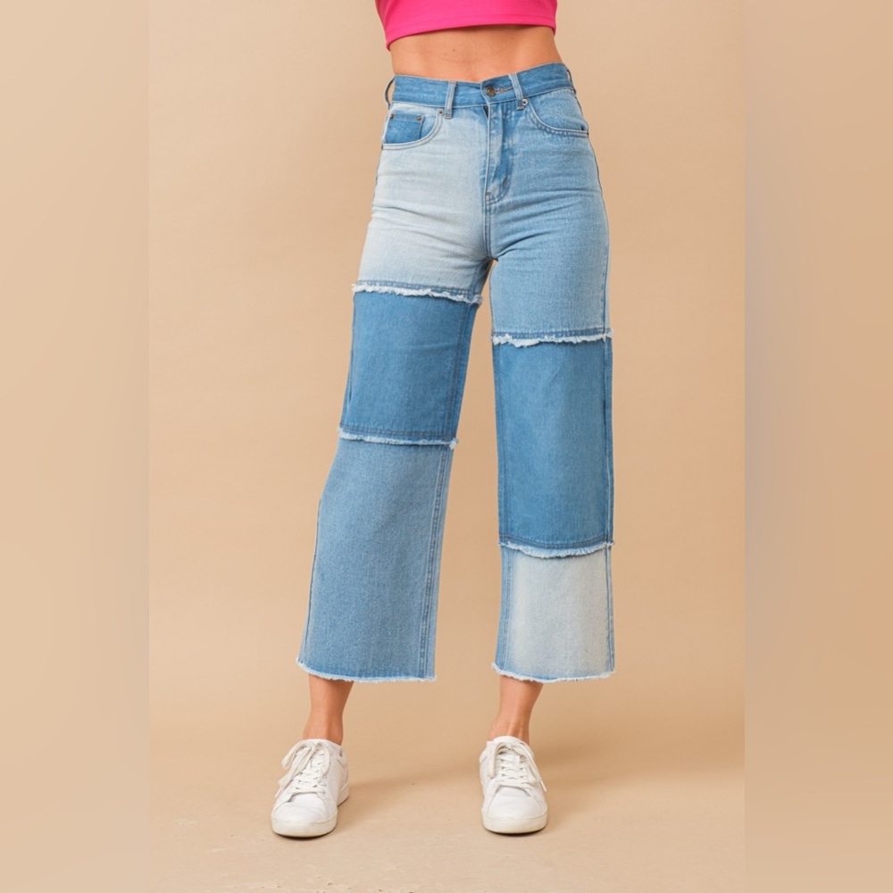 Wide Leg Color Block Patchwork Raw Edge Jeans